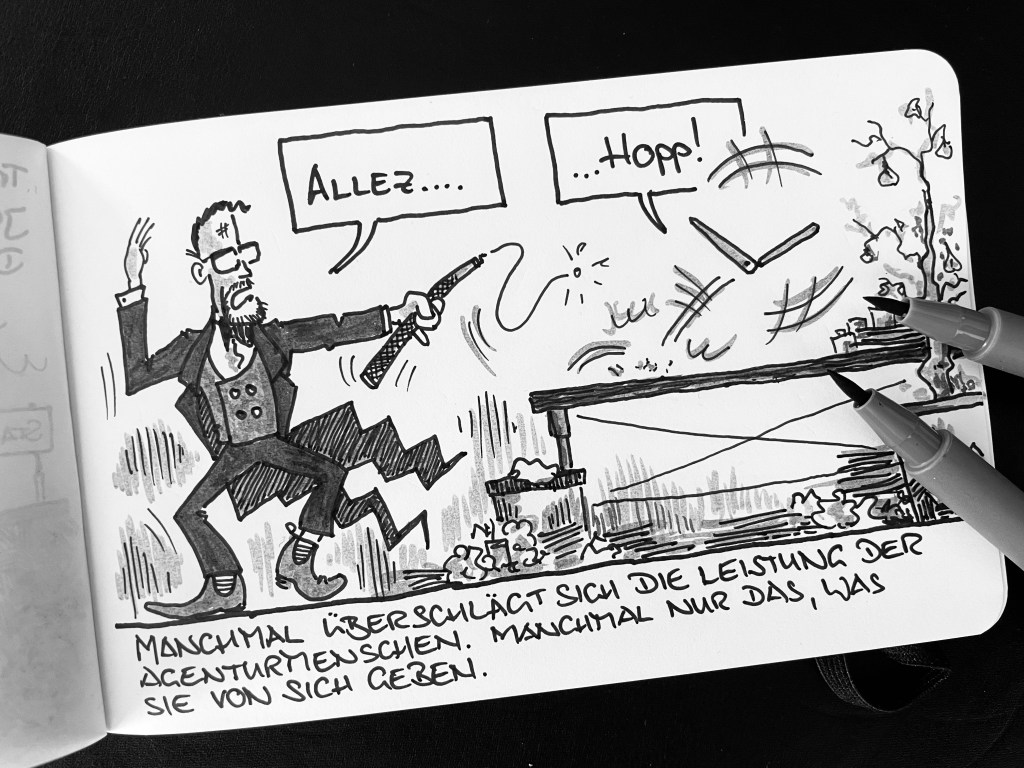 Buddy Müller und sein MacBook Pro Brad Mac Cloud führen ein Kunststückchen für Kunden auf.