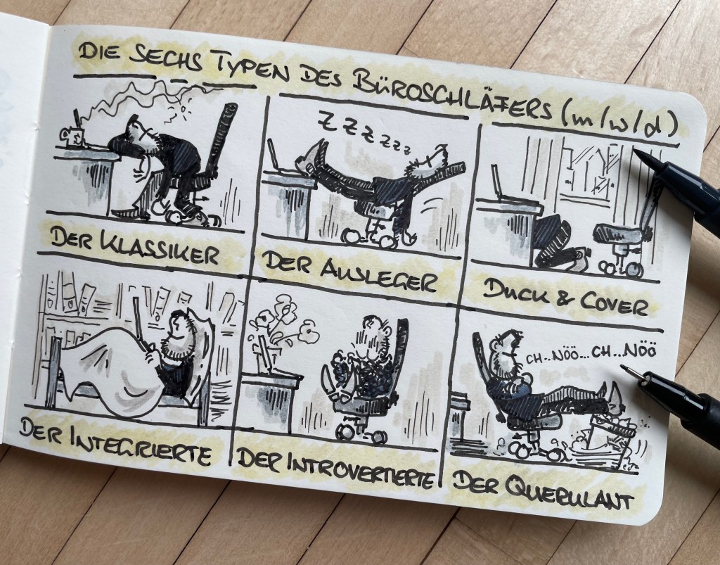 Die sechs Typen des Büroschläfers (m/w/d) - in jedem Unternehmen anzutreffen.