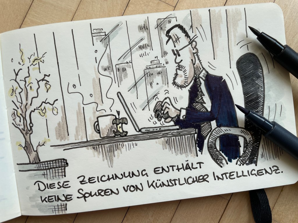 Tuschezeichnung: Buddy Müller sitzt am Schreibtisch und tippt auf Brad MacCloud, seinem Notebook.
BU: Diese Zeichnung enthält keine Spuren von Künstlicher Intelligenz.