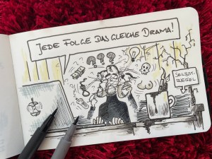 Buddy Müller, voller Selbstzweifel, umschwirrt von vielen, vielen Ideen, beim Schreiben der nächsten Folge seiner Agentursatire.