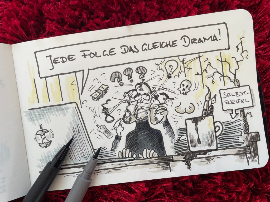 Buddy Müller am Notebook, von seinen Gedanken über eine neu Folge umkreist, von Selbstzweifeln getrieben.