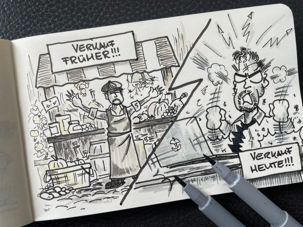 Cartoon vergleicht früher mit heute: Strahlender Verkäufer vor Marktstand versus wütend-verzweifelten Buddy Müller vor MacBook.  